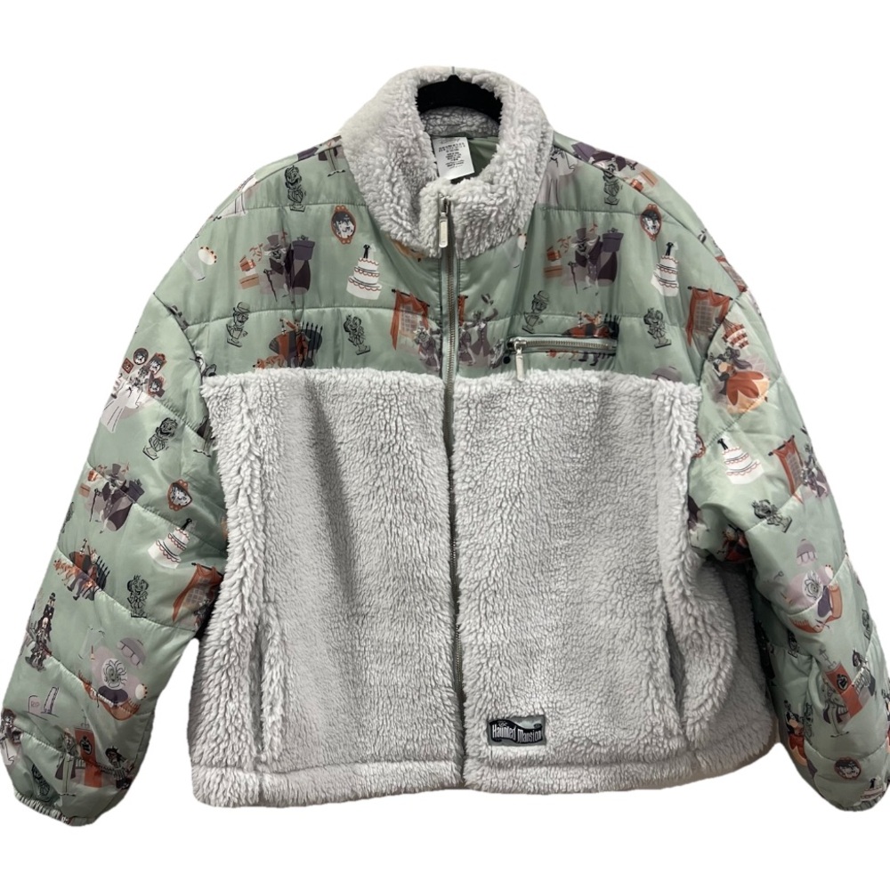 Disney Parks Haunted Mansion Sherpa Puffer Jacket Grey Green Women’s Size XL
